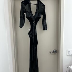 Black Mesh and Wet Look Jumpsuit
